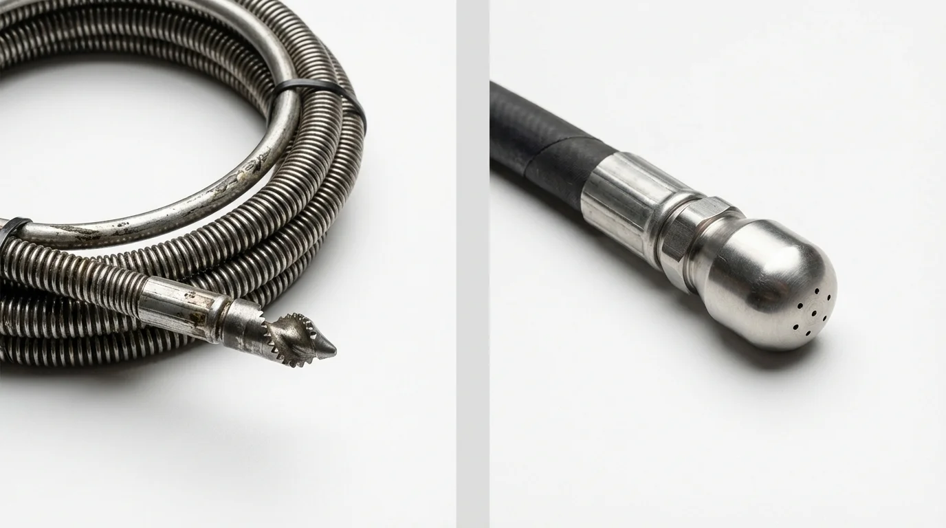 Drain snake cable and hydro jetting nozzle used for drain cleaning in New Milford, NJ