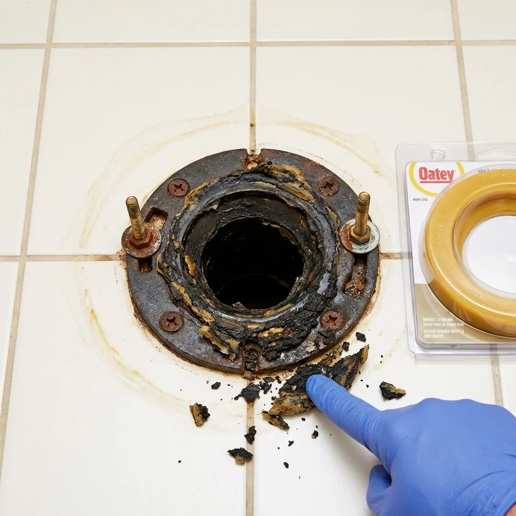 Failed wax ring showing water seepage at the base of a toilet in a New Milford, NJ home