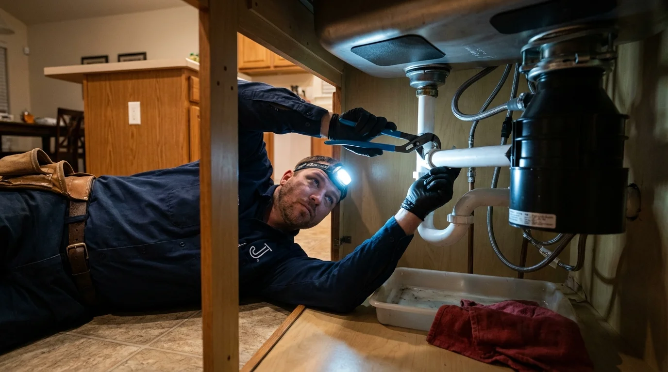 P-trap and supply line connections under a kitchen sink showing a common leak point in New Milford, NJ